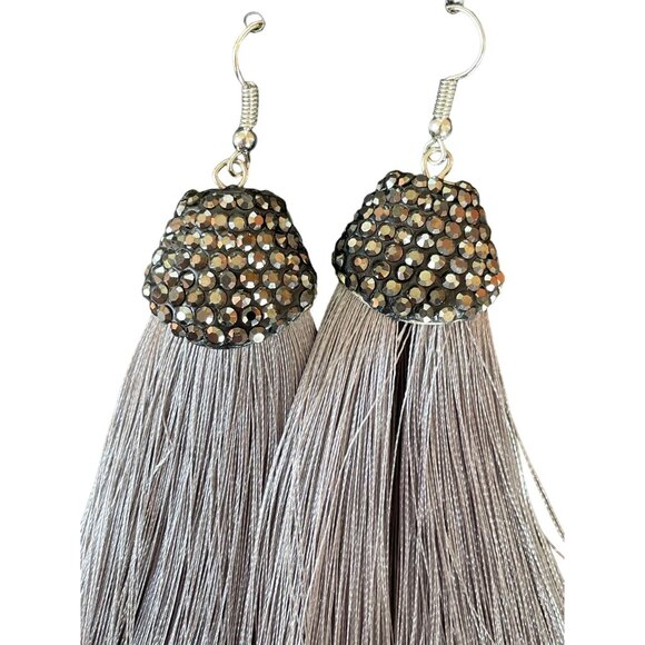 Silver Rhinestone Tassel Earrings Razzle Riot - Picture 3 of 6